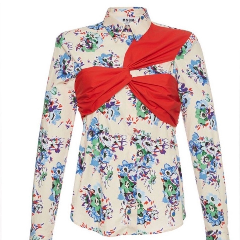 MSGM Cream Long Sleeve Blouse with Red Asymmetrical Accent